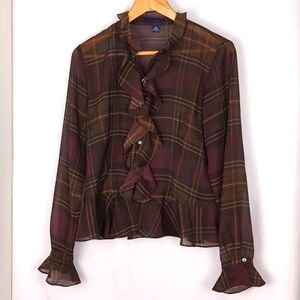 Chaps Plaid Ruffle Blouse - Brown and Gold